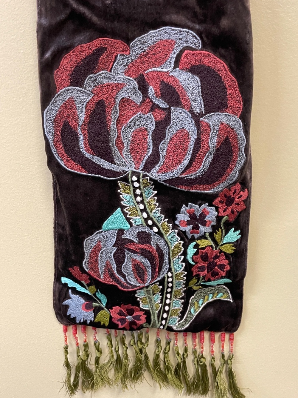 Chan Luu | Embroidered Velvet Floral Scarf w/ Beaded Fringe ♥ Price is FIRM - Picture 4 of 8
